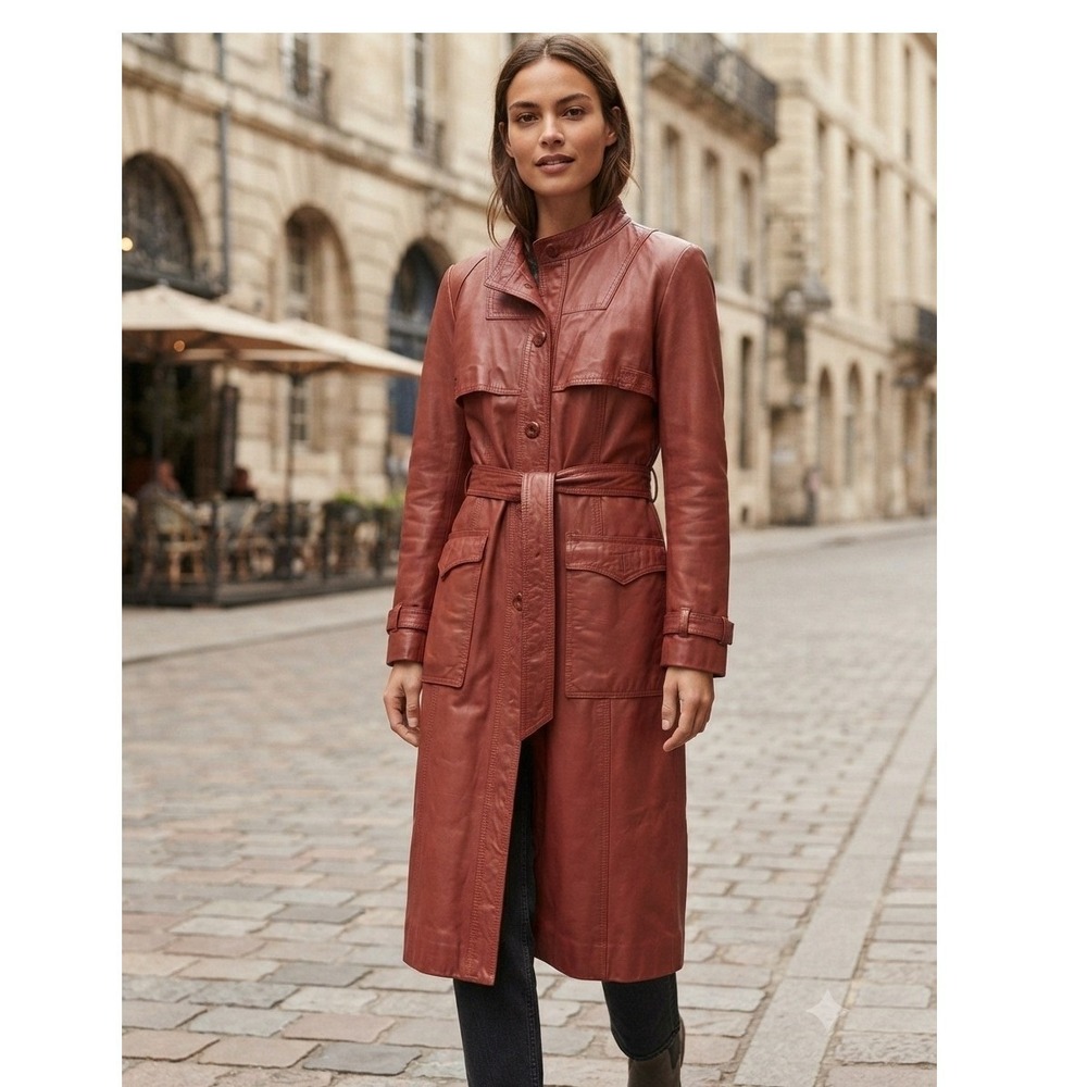 Vintage Rust Red Leather Trench Coat Long Belted Jacket 70s Style Lined